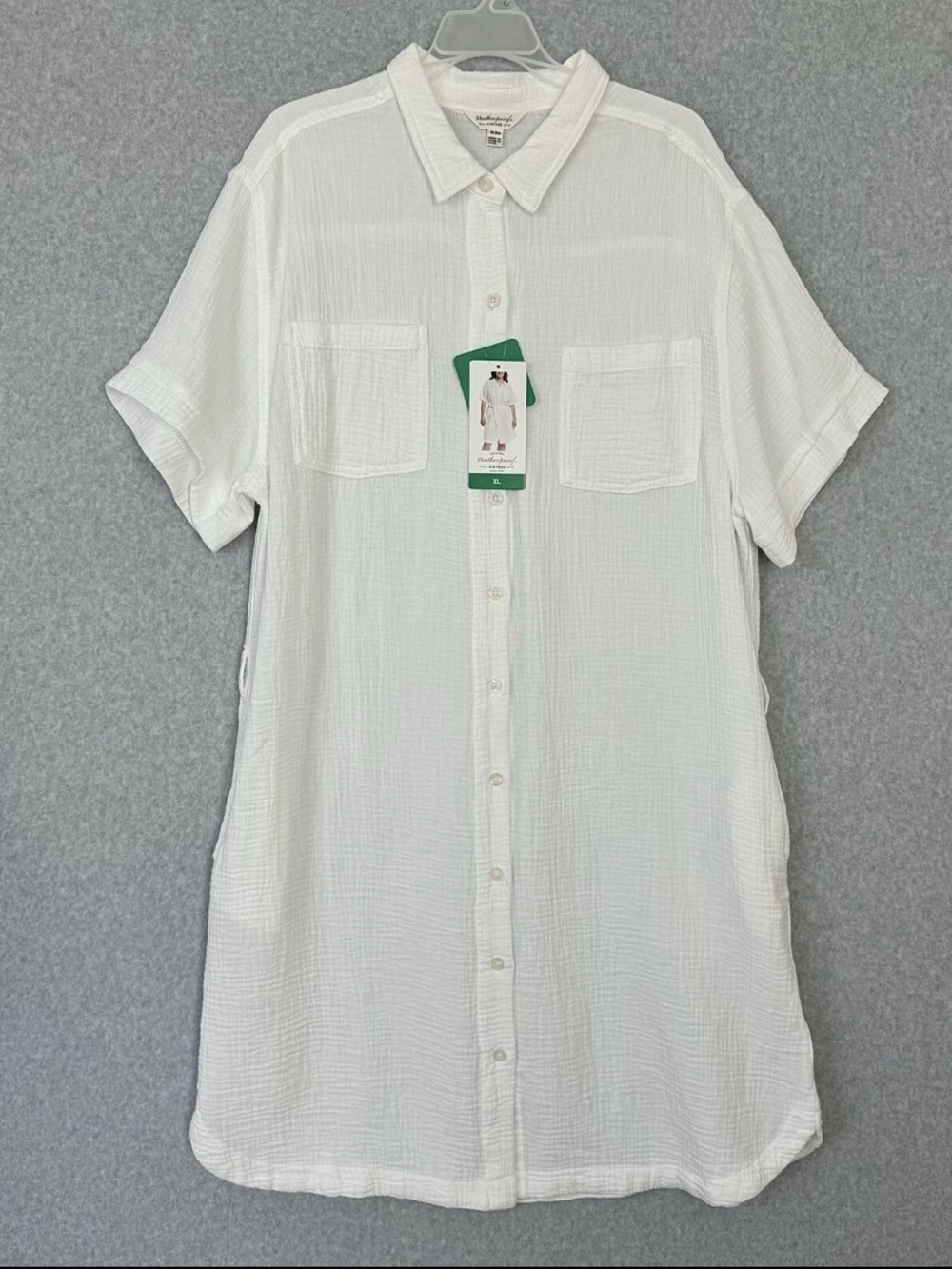 NWT Weatherproof Vintage Shirt Dress Gauze Short Sleeve Belted Cream White XL